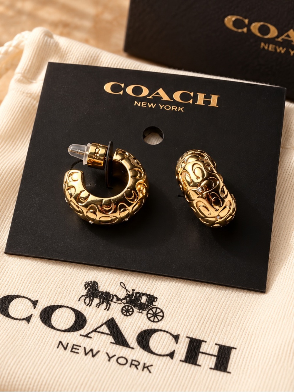 Coach Gold-Tone Embossed Hoop Earrings